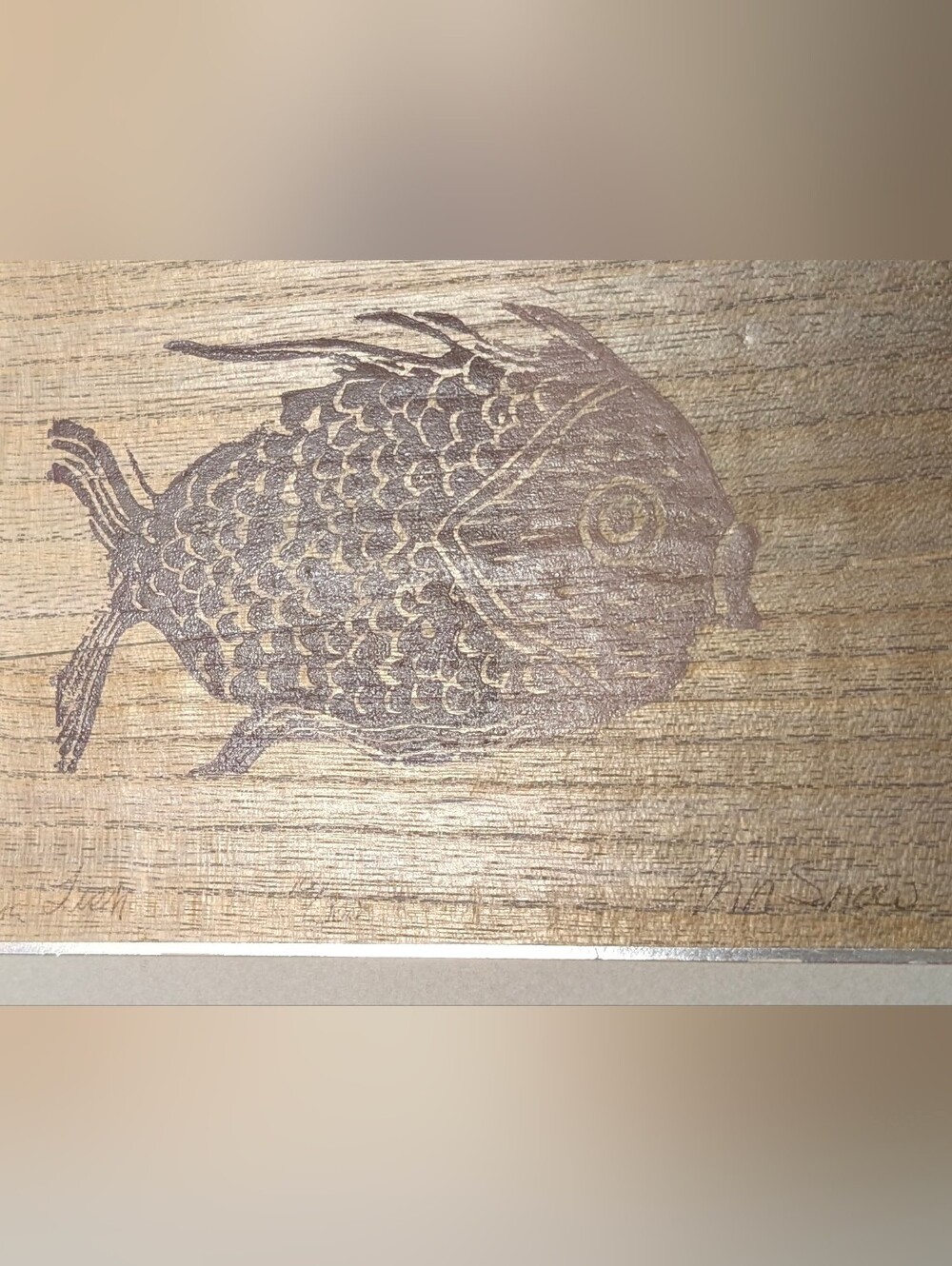 Luchsia Tien 2-tone Fish Block Print On Wood Veneer, Signed Numbered ≈ 7"x 9"